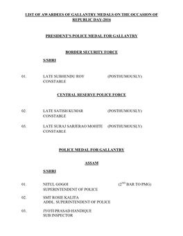 List of Awardees of Gallantry Medals on the Occasion of Republic Day-2016 President's Police Medal for Gallantry Border Securi