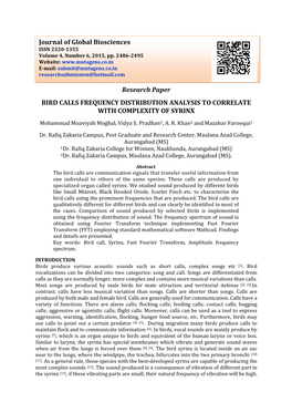 Research Paper BIRD CALLS FREQUENCY DISTRIBUTION ANALYSIS to CORRELATE with COMPLEXITY of SYRINX