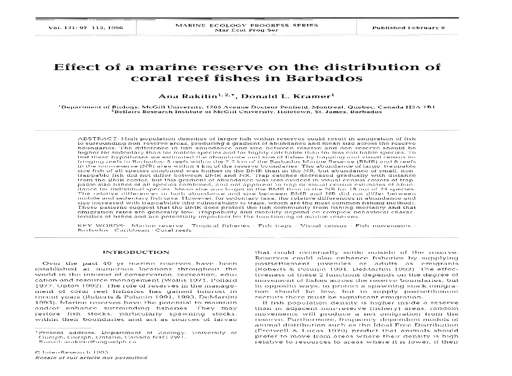 Effect of a Marine Reserve on the Distribution of Coral Reef Fishes in Barbados