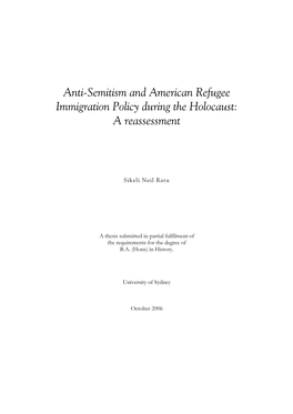 Anti-Semitism and American Refugee Immigration Policy During the Holocaust: a Reassessment