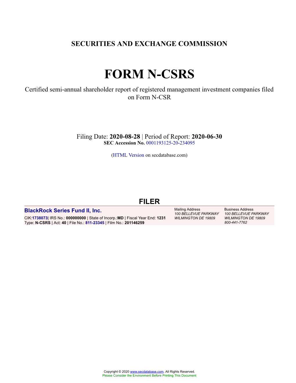 Blackrock Series Fund II, Inc. Form N-CSRS Filed 2020-08-28