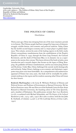 The Politics of China: Sixty Years of the People’S Republic of China 3Rd Edition Edited by Roderick Macfarquhar Frontmatter More Information
