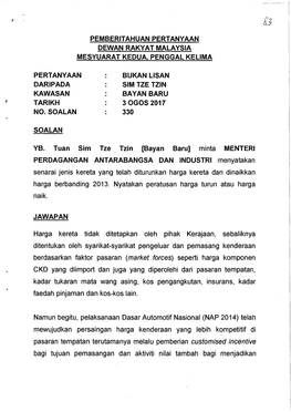 Pemberitahuan Pertanyaan Dewan Rakyat Malaysia Mesyuarat Kedua. Penggal Kelima Pertanyaan Bukan Lisan Sim Tze Tzin Bayan Baru 3