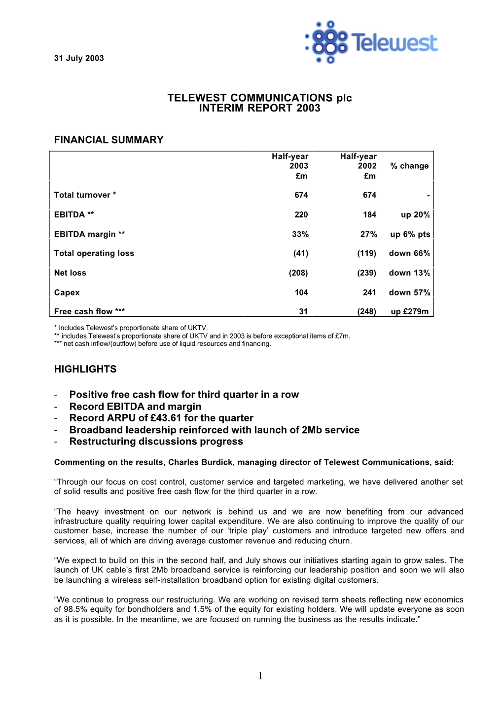 TELEWEST COMMUNICATIONS Plc INTERIM REPORT 2003