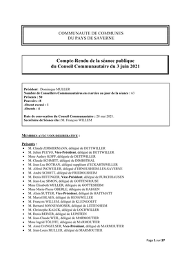 Compte-Rendu De La Séance Publique Du Conseil Communautaire Du 3