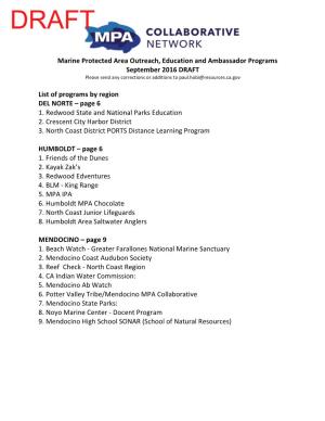 Marine Protected Area Outreach, Education and Ambassador Programs September 2016 DRAFT List of Programs by Region DEL NORTE