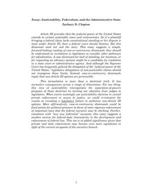 1 Essay: Justiciability, Federalism, and the Administrative State Zachary D