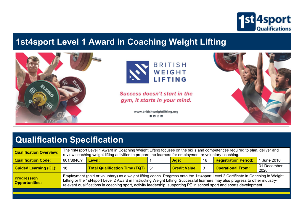 1St4sport Level 1 Award in Coaching Weight Lifting Qualification Specification
