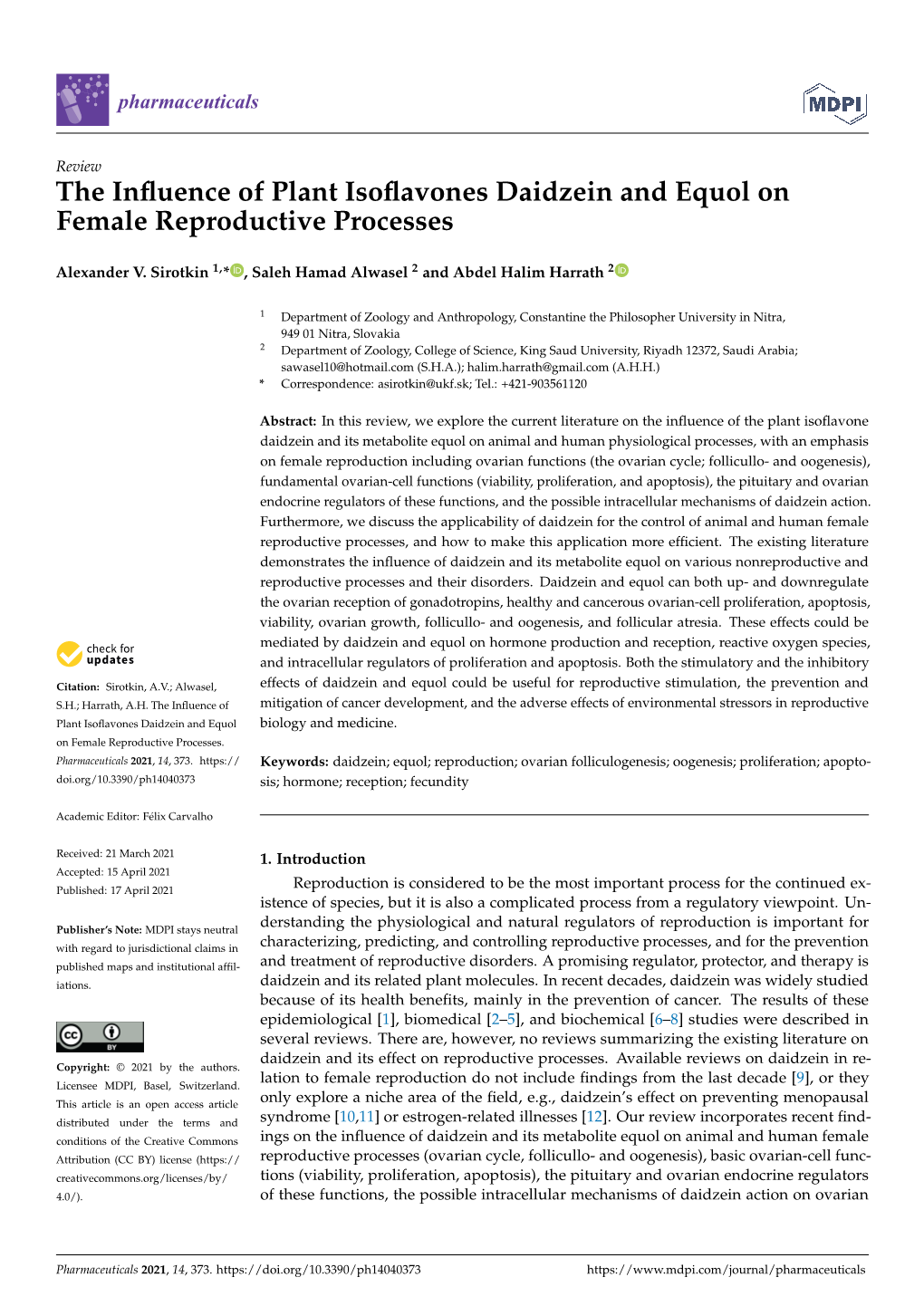 The Influence of Plant Isoflavones Daidzein and Equol on Female