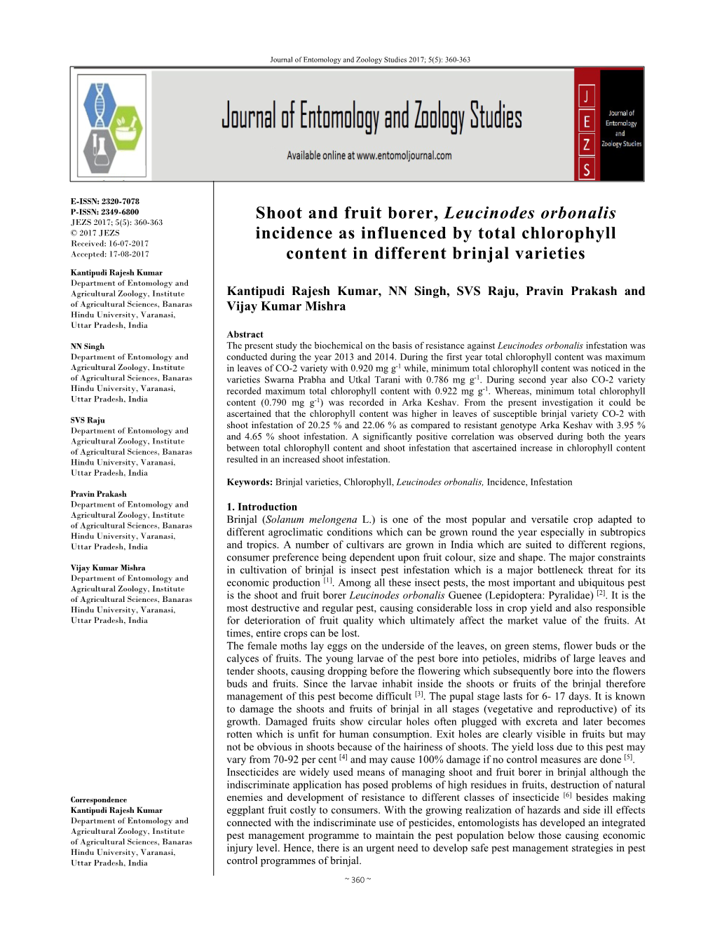 Shoot and Fruit Borer, Leucinodes Orbonalis Incidence As Influenced