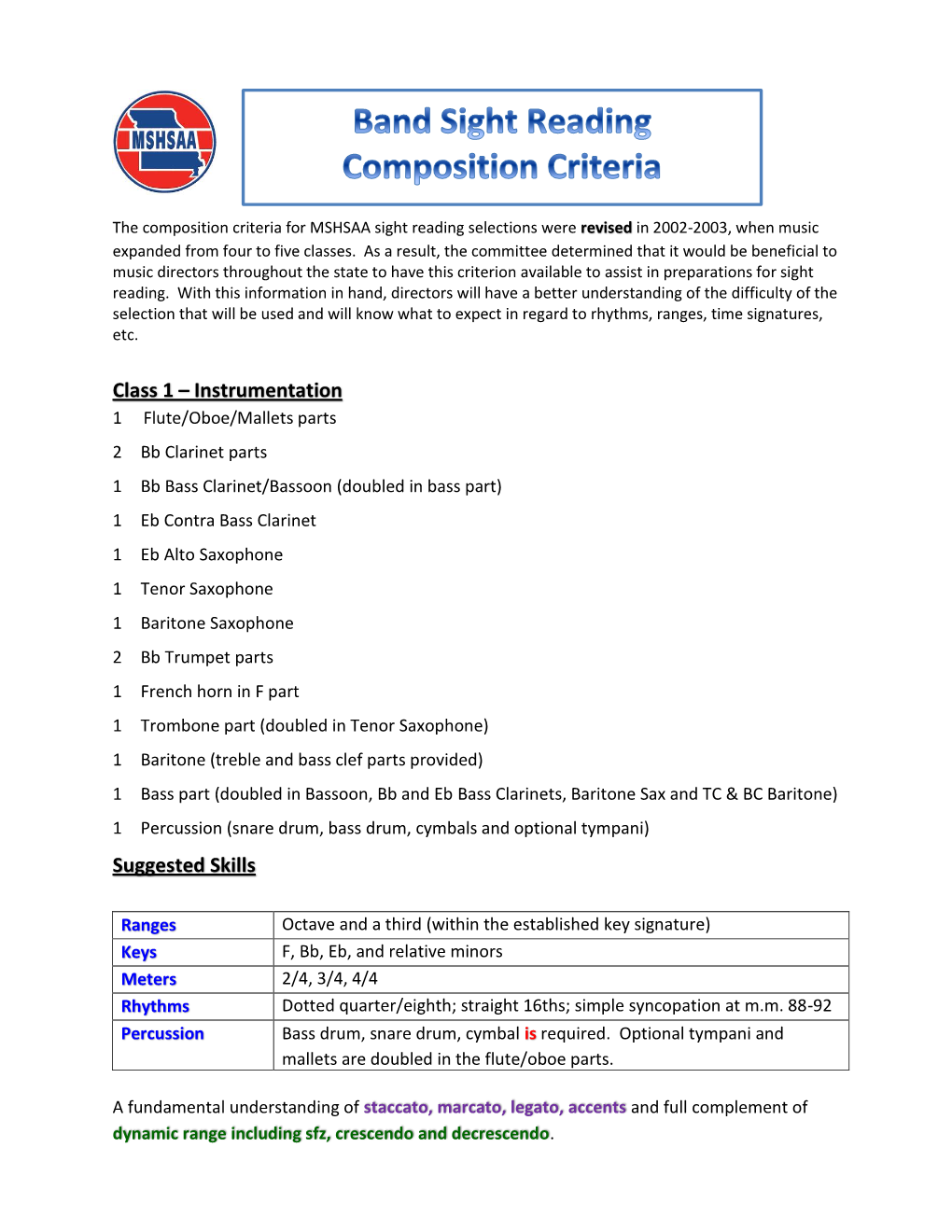 Class 1 – Instrumentation Suggested Skills