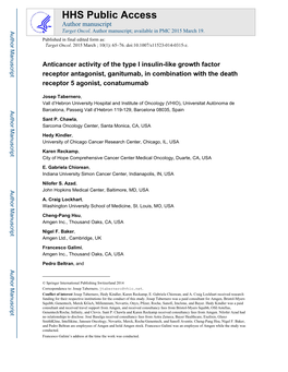 Anticancer Activity of the Type I Insulin-Like Growth Factor Receptor Antagonist, Ganitumab, in Combination with the Death Receptor 5 Agonist, Conatumumab