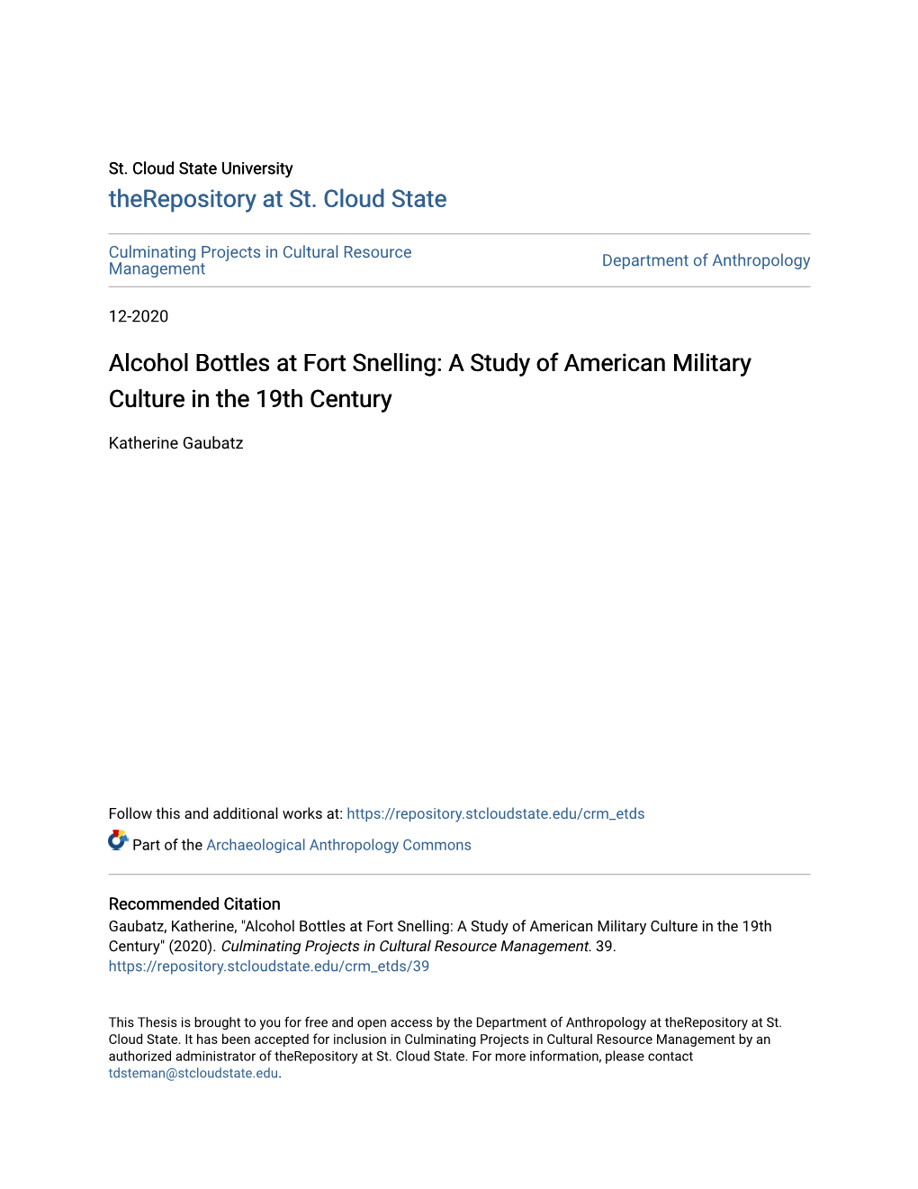 Alcohol Bottles at Fort Snelling: a Study of American Military Culture in the 19Th Century