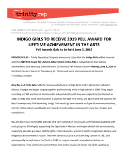 Press Release: Indigo Girls to Receive 2019 Pell Award for Lifetime