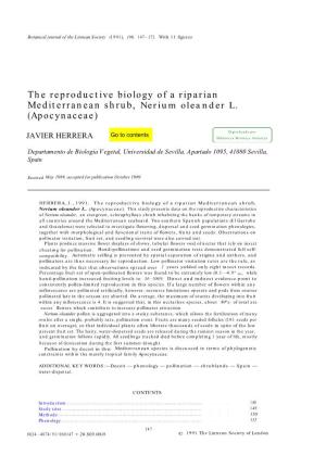 The Reproductive Biology of a Riparian Mediterranean Shrub, Nerium Oleander L. (Apocynaceae)