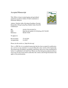 Effects of Peat Swamp Logging and Agricultural Expansion on Species Richness of Native Mammals in Peninsular Malaysia