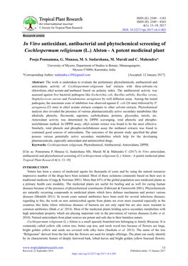 In Vitro Antioxidant, Antibacterial and Phytochemical Screening of Cochlospermum Religiosum (L.) Alston - a Potent Medicinal Plant