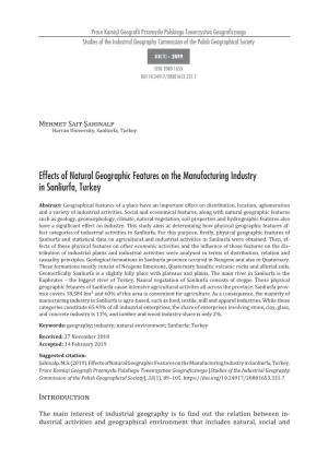 Effects of Natural Geographic Features on the Manufacturing Industry in Sanliurfa, Turkey