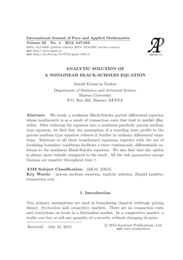 Analytic Solution of a Nonlinear Black--Scholes Equation