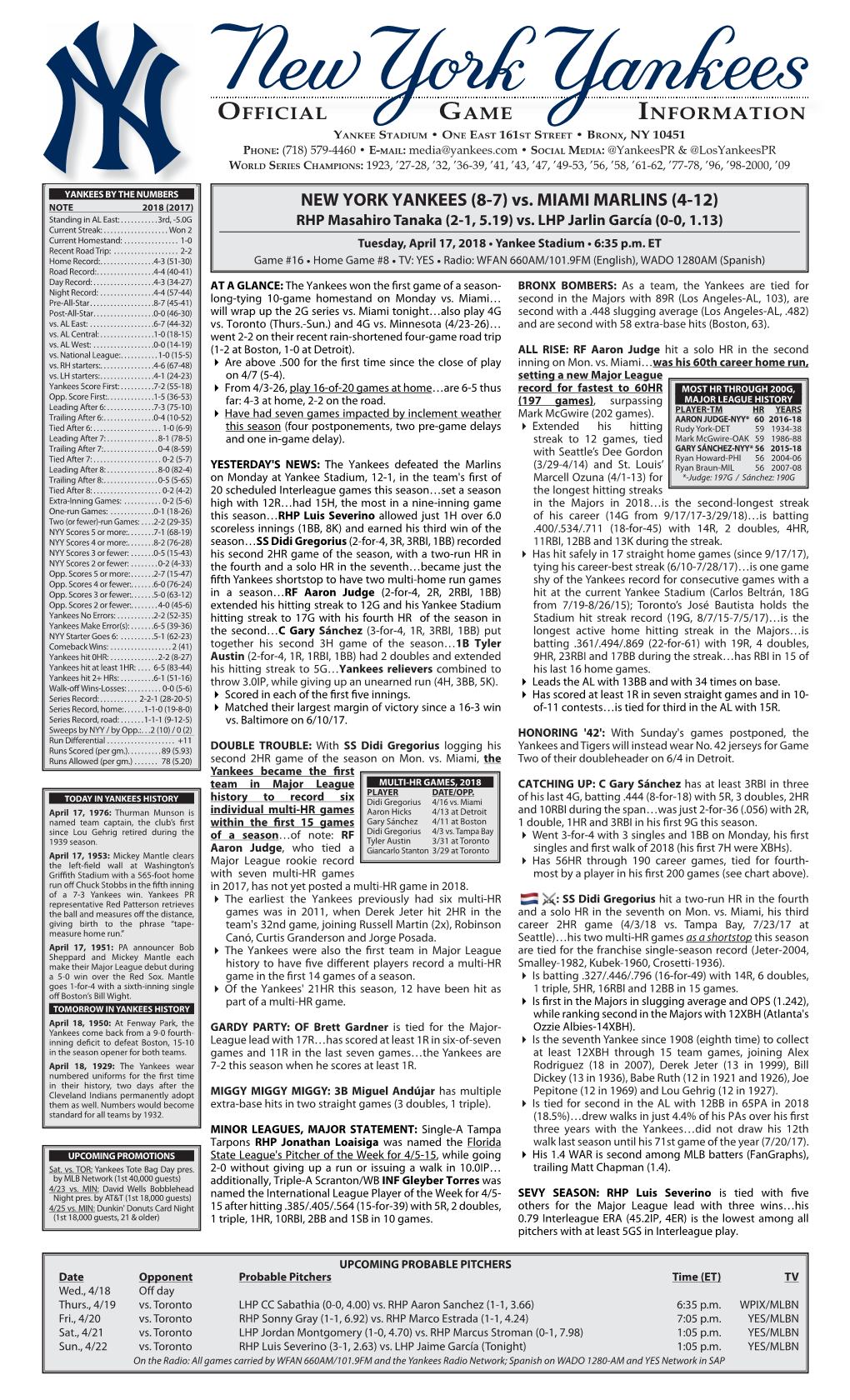 NYY Game Notes