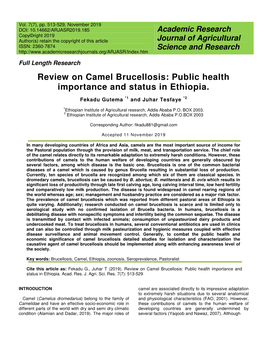 Review on Camel Brucellosis: Public Health Importance and Status in Ethiopia
