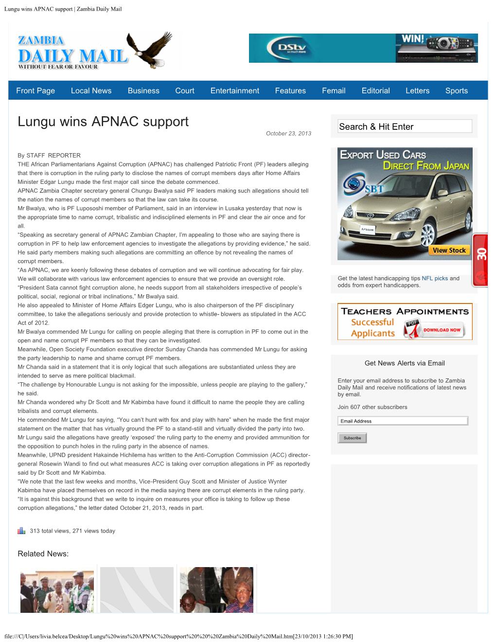 Lungu Wins APNAC Support | Zambia Daily Mail