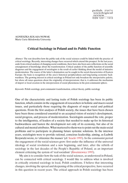 Critical Sociology in Poland and Its Public Function