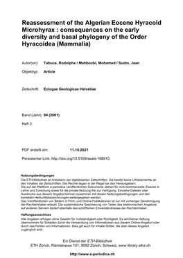 Reassessment of the Algerian Eocene Hyracoid Microhyrax : Consequences on the Early Diversity and Basal Phylogeny of the Order Hyracoidea (Mammalia)