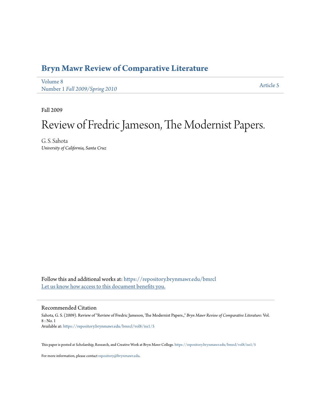 Review of Fredric Jameson, the Modernist Papers