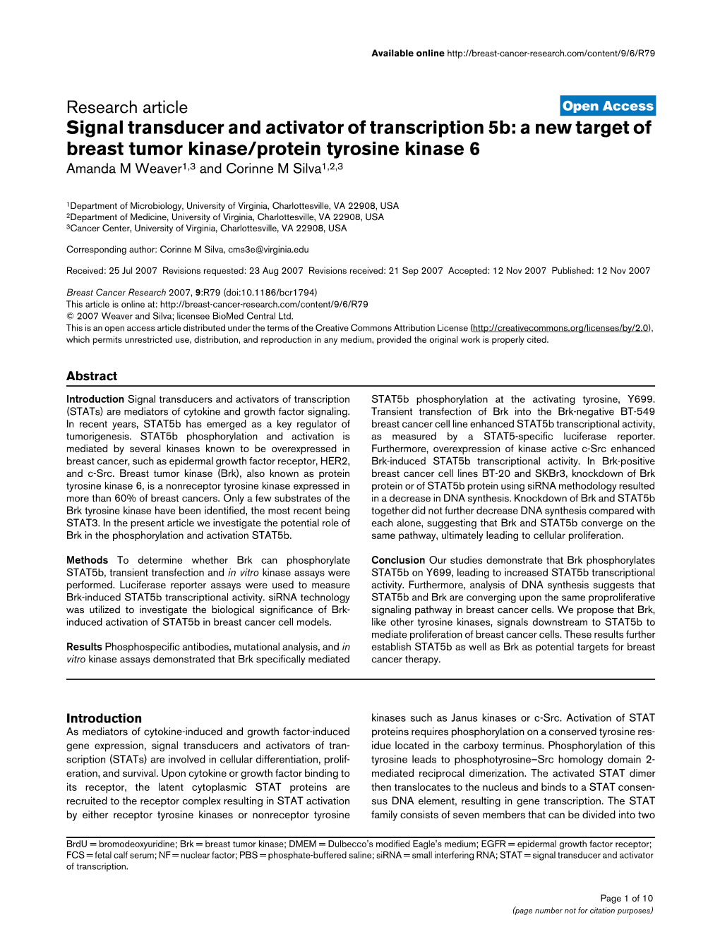 Signal Transducer and Activator of Transcription 5B: a New Target of Breast Tumor Kinase/Protein Tyrosine Kinase 6 Amanda M Weaver1,3 and Corinne M Silva1,2,3