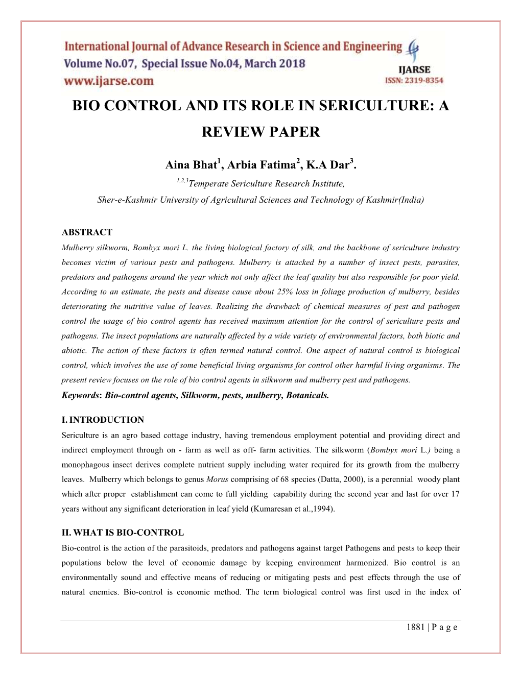 Bio Control and Its Role in Sericulture: a Review Paper