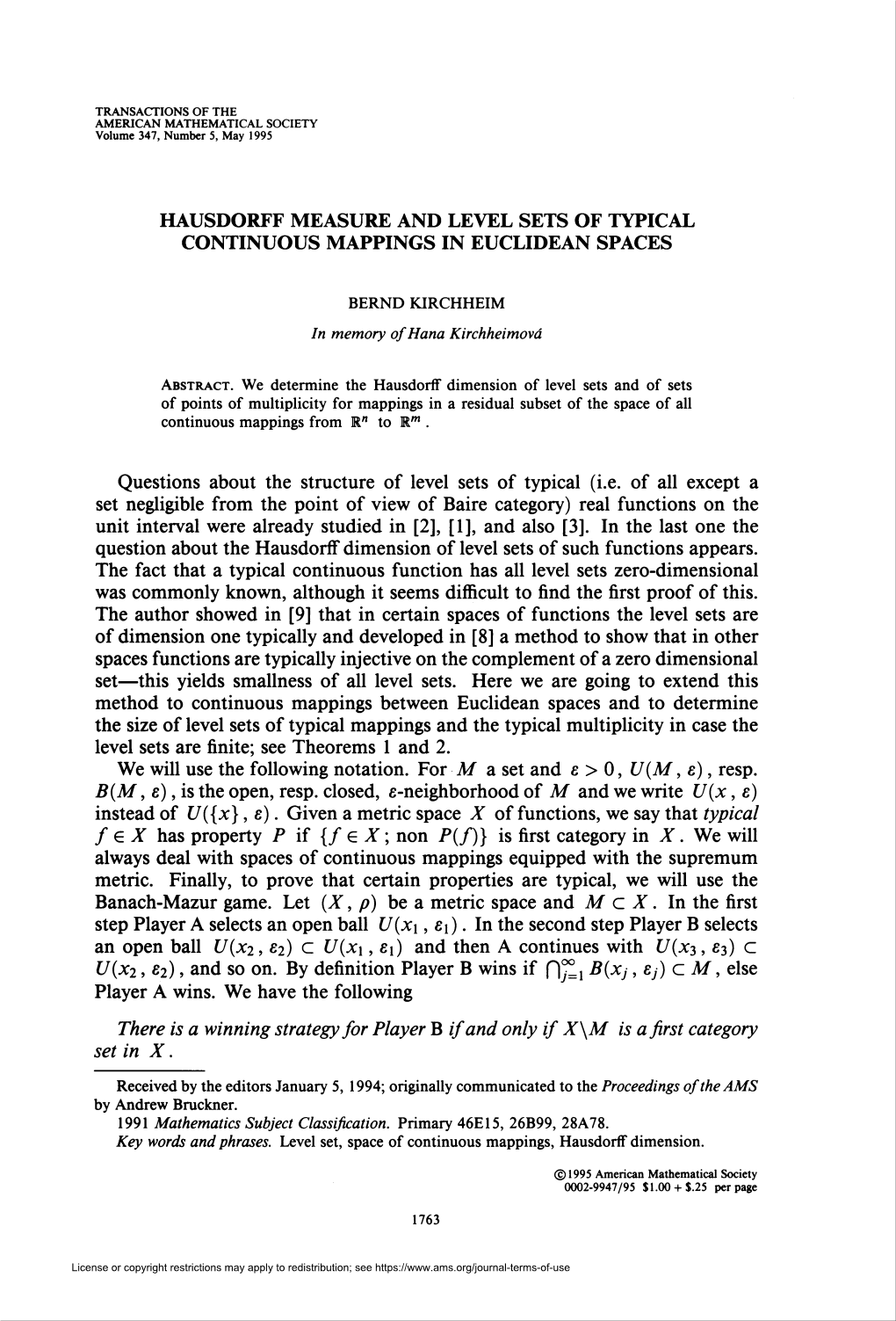 Hausdorff Measure and Level Sets of Typical Continuous Mappings in Euclidean Spaces