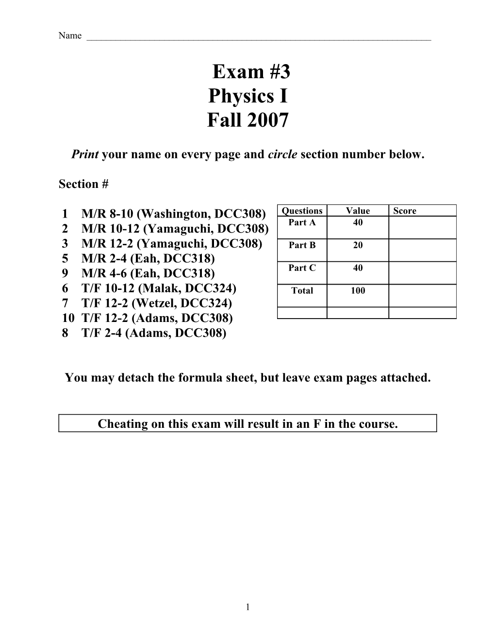 Physics I Exam 3 Spring 2003