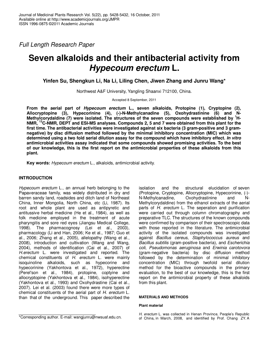 Seven Alkaloids and Their Antibacterial Activity from Hypecoum Erectum L