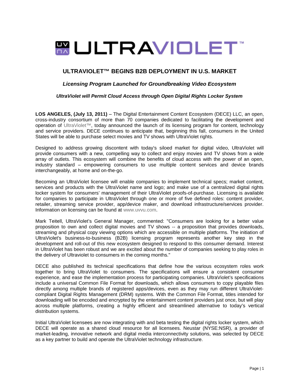 Ultraviolet™ Begins B2b Deployment in U.S. Market