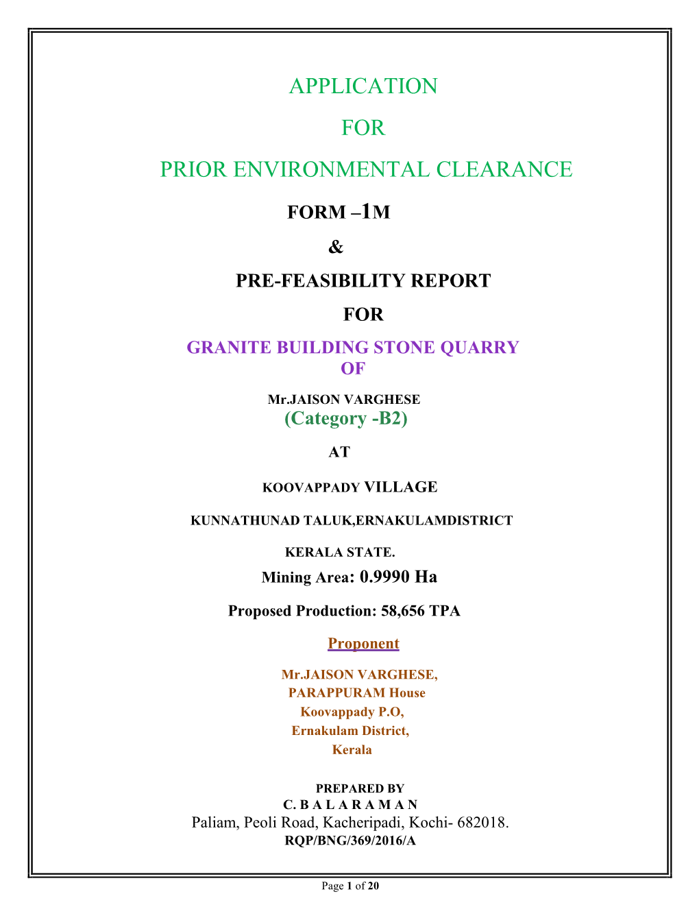 Application for Prior Environmental Clearance