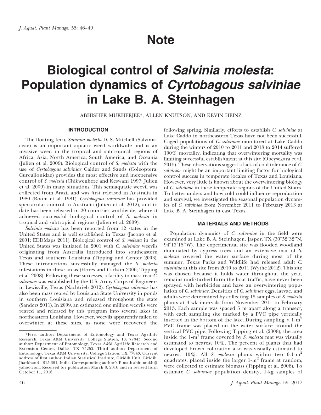 Note Biological Control of Salvinia Molesta: Population Dynamics Of