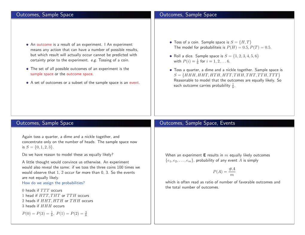 Outcomes, Sample Space Outcomes, Sample Space