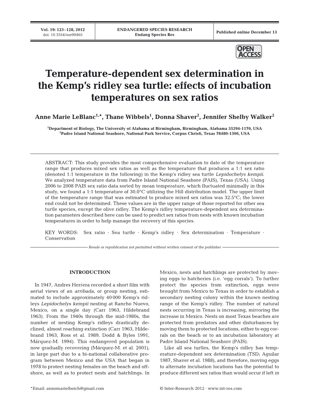 Temperature-Dependent Sex Determination in the Kemp's Ridley