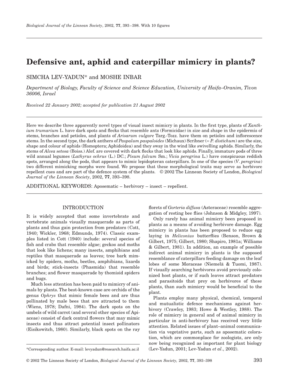 Defensive Ant, Aphid and Caterpillar Mimicry in Plants?