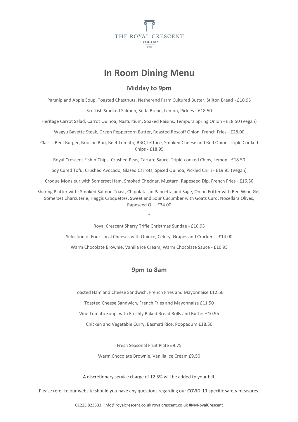 In Room Dining Menu Midday to 9Pm