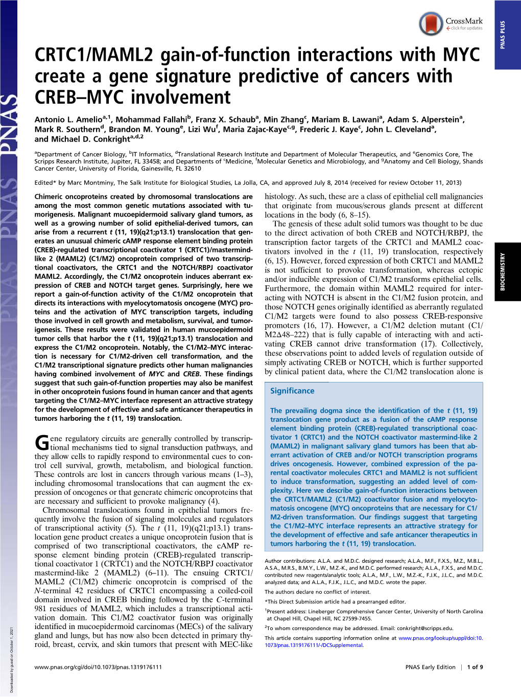 CRTC1/MAML2 Gain-Of-Function Interactions with MYC Create A