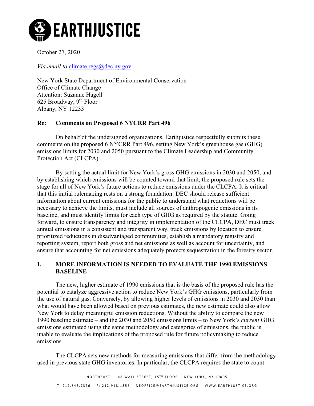 October 27, 2020 Via Email to Climate.Regs@Dec.Ny.Gov New York State Department of Environmental Conservation Office of Climate