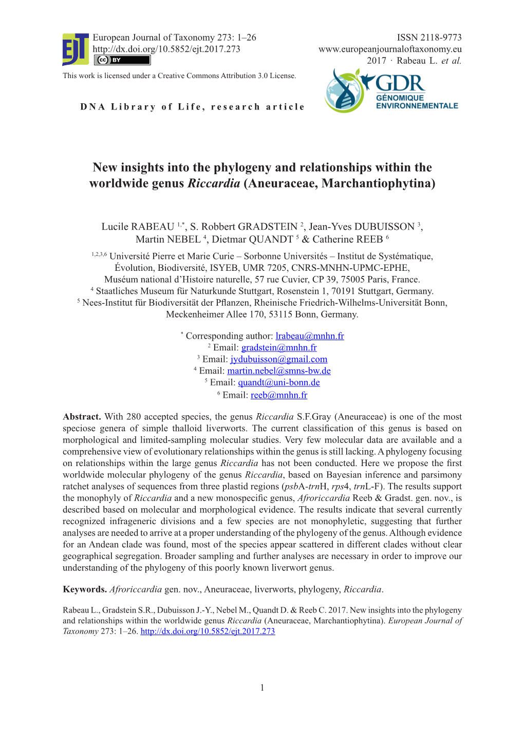 New Insights Into the Phylogeny and Relationships Within the Worldwide Genus Riccardia (Aneuraceae, Marchantiophytina)