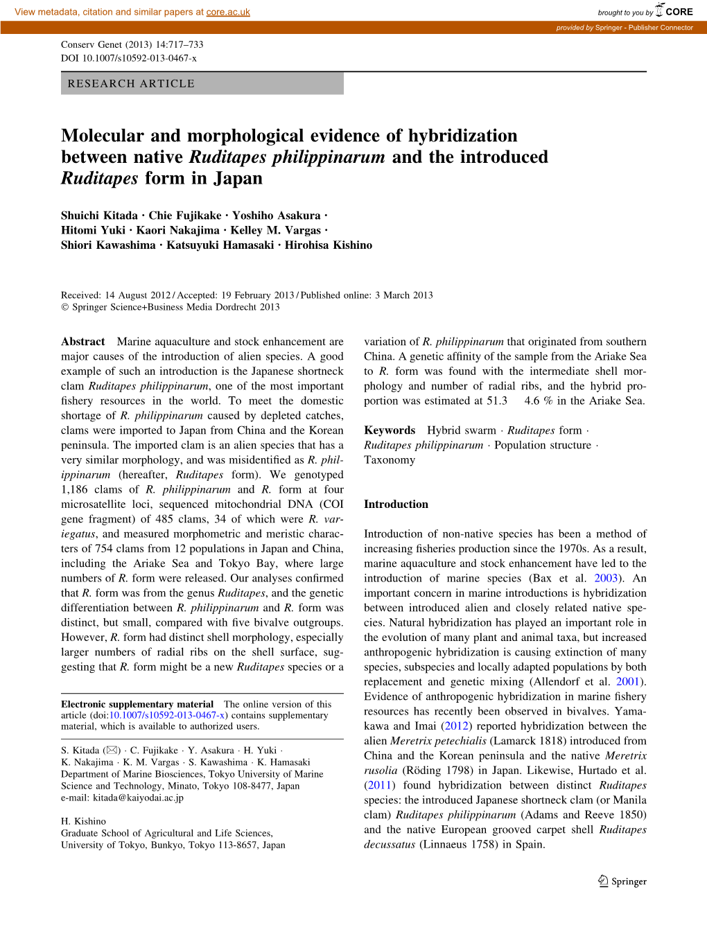 Molecular and Morphological Evidence of Hybridization Between Native Ruditapes Philippinarum and the Introduced Ruditapes Form in Japan