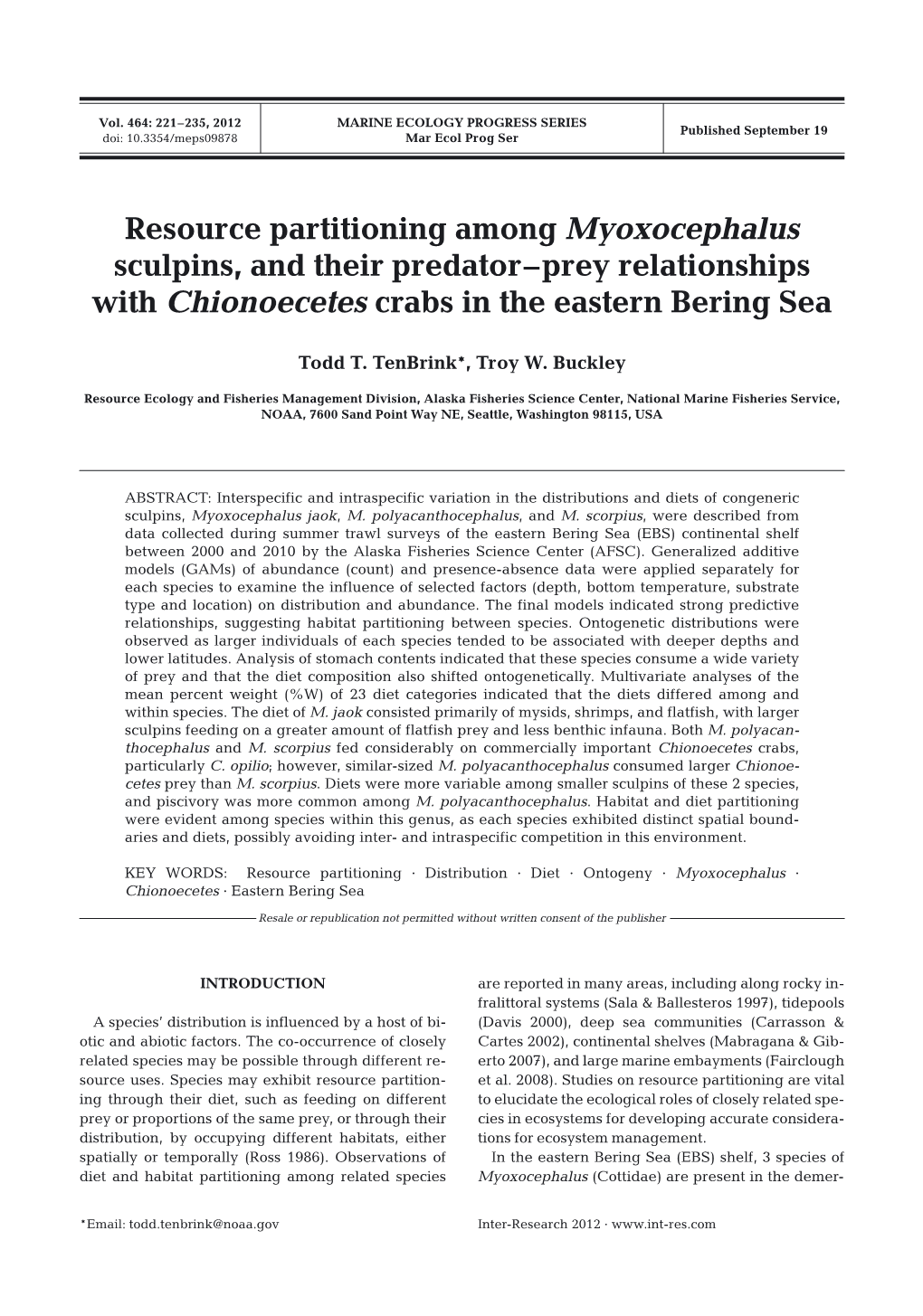 Resource Partitioning Among Myoxocephalus Sculpins, and Their Predator–Prey Relationships with Chionoecetes Crabs in the Eastern Bering Sea