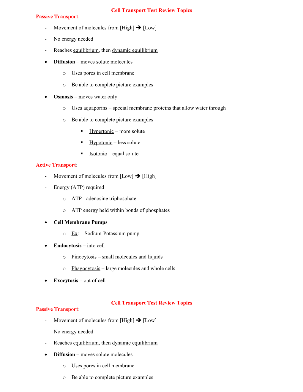 Cell Transport Test Review Topics