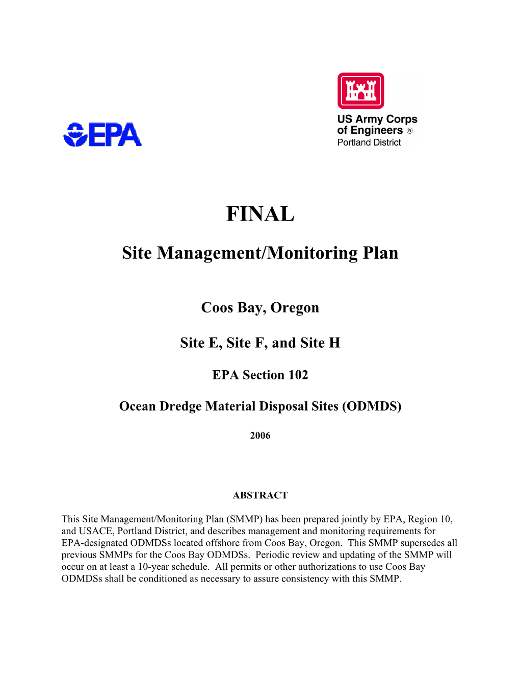 Site Managment and Monitoring Plan for Coos Bay Ocean Dredged