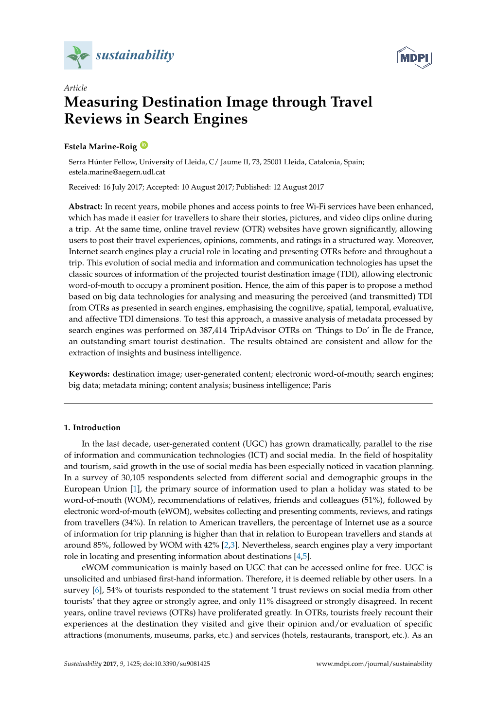 Measuring Destination Image Through Travel Reviews in Search Engines