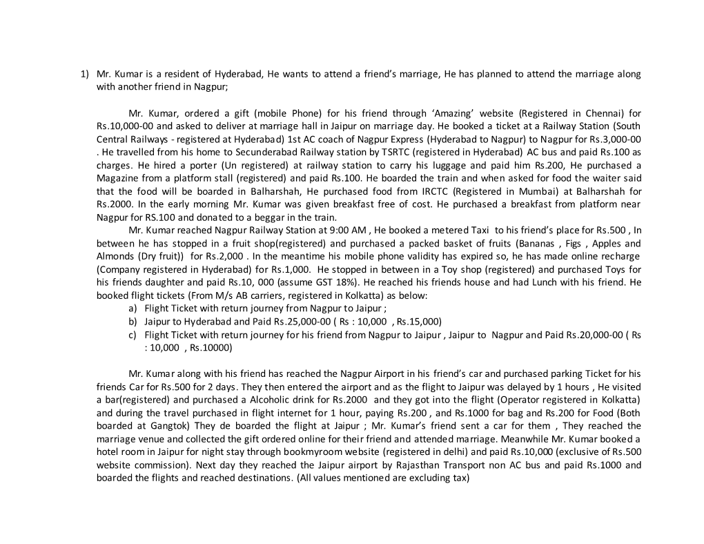 1) Mr. Kumar Is a Resident of Hyderabad, He Wants to Attend a Friend’S Marriage, He Has Planned to Attend the Marriage Along with Another Friend in Nagpur;